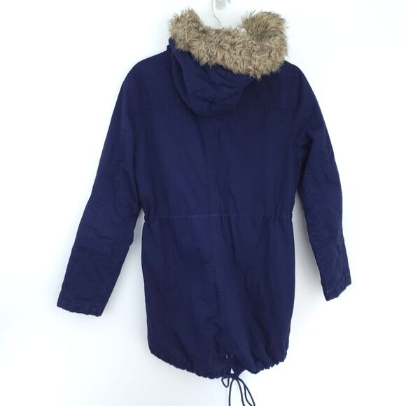 Gap Women Anorak Jacket Blue Small, Tie Gathered Waist, Faux Fur Hood, Sherpa - Picture 2 of 5